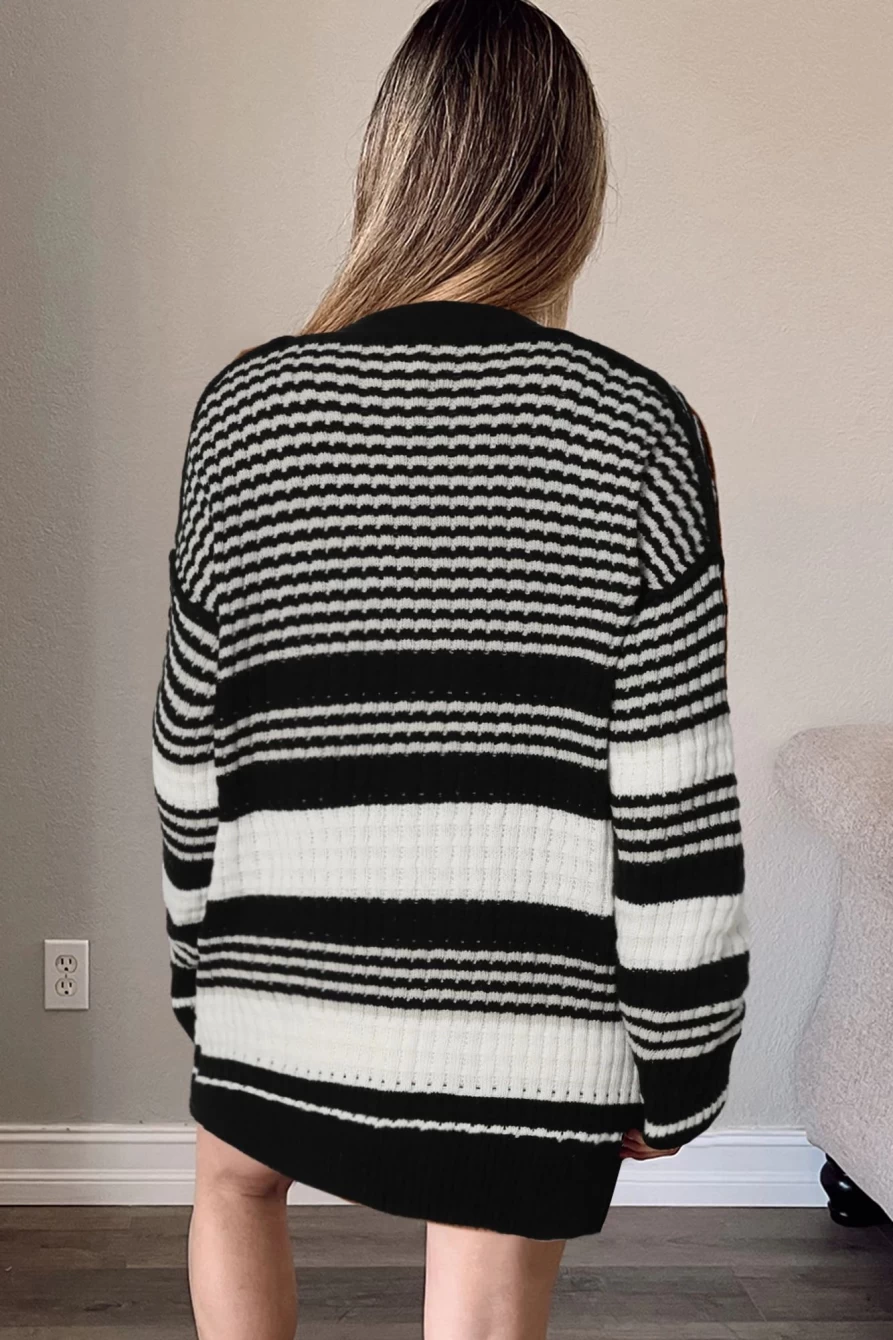 Shewin Women's Black Striped Textured Knit Button-Up Cardigan Sweater