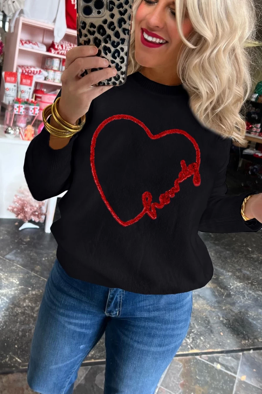 Shewin Women's Black Casual Heart Print Round Neck Sweater