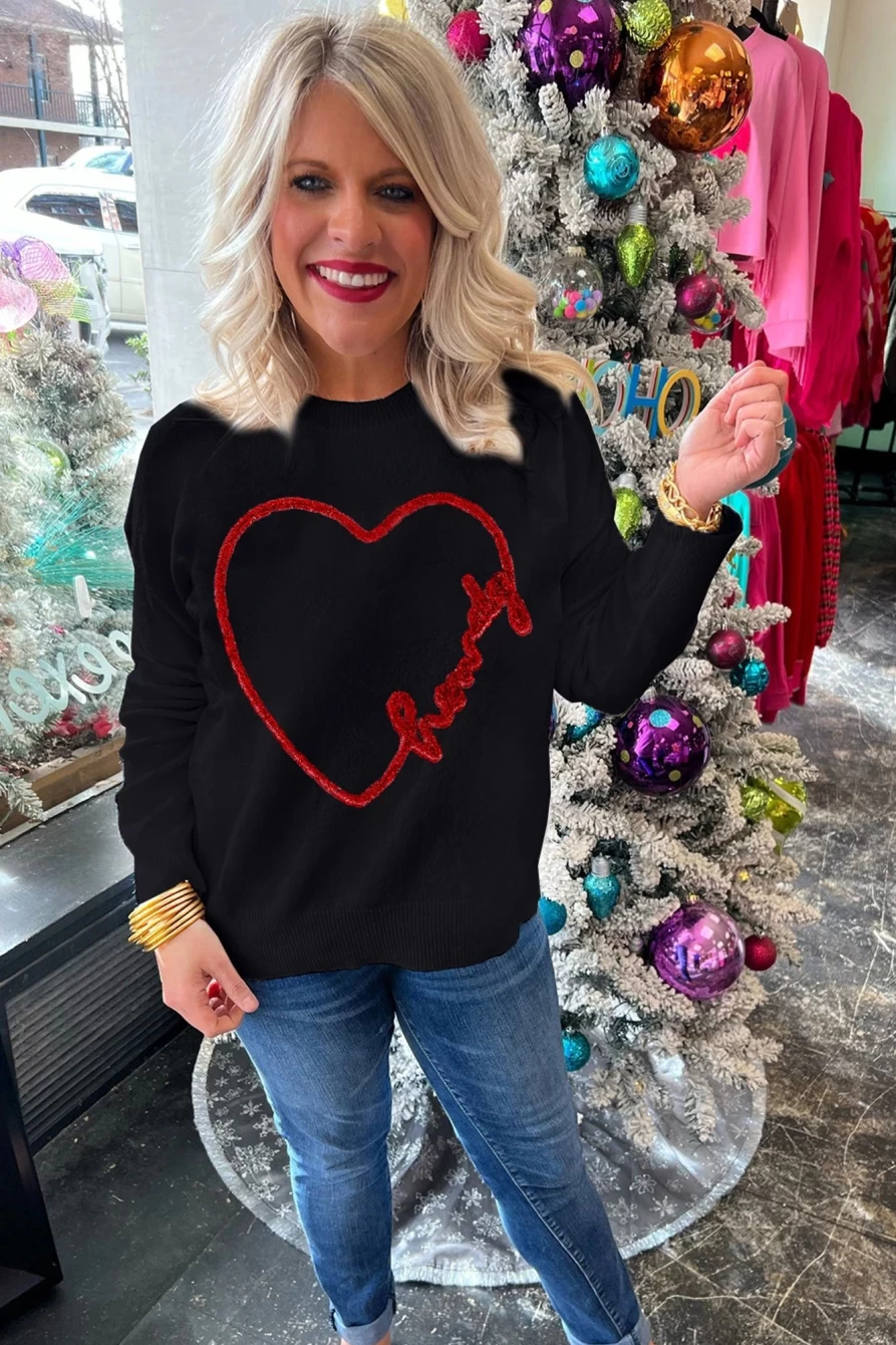Shewin Women's Black Casual Heart Print Round Neck Sweater