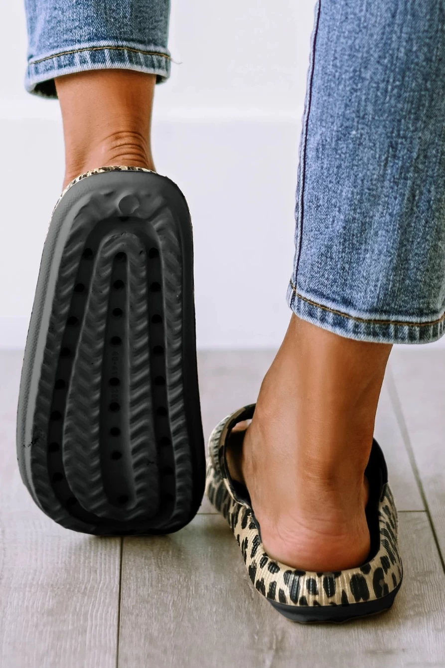 Women's Shewin Black Leopard Print Open-Toe Flat Slippers - Comfortable Thick Sole House Shoes