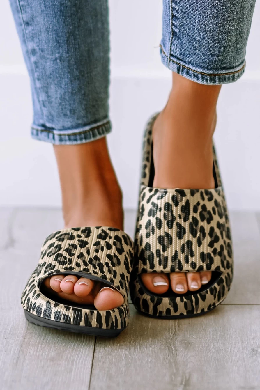 Women's Shewin Black Leopard Print Open-Toe Flat Slippers - Comfortable Thick Sole House Shoes