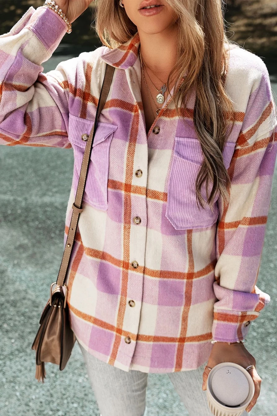 Women's Purple Corduroy Shacket with Brushed Lining & Checkered Pattern - Shewin