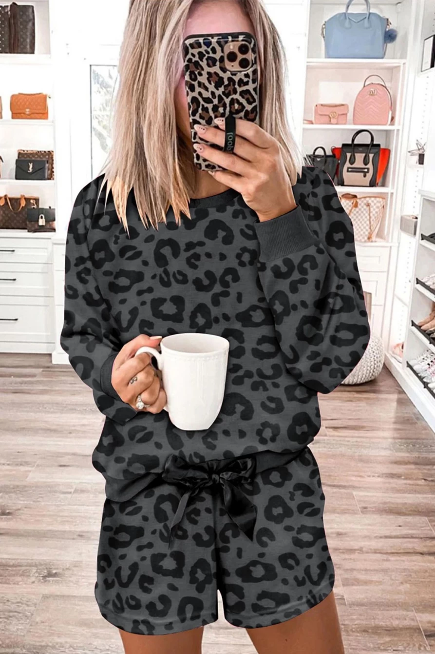Shewin Women's Gray Printed Leopard Long Sleeve Top & Tie Shorts Two Piece Set