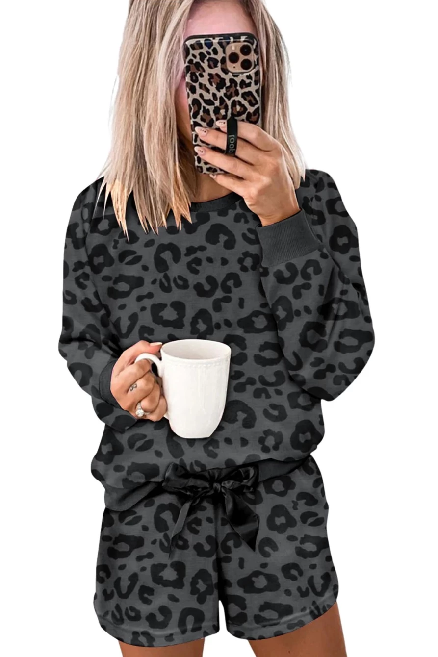 Shewin Women's Gray Printed Leopard Long Sleeve Top & Tie Shorts Two Piece Set