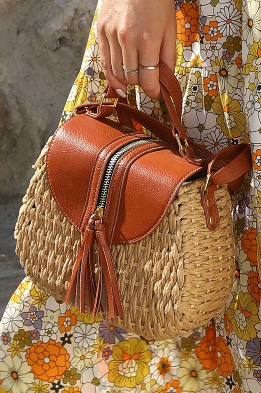 "Shewin Women's Light French Beige Bamboo Weaving Leather Flap Crossbody Bag with Tassel Detail"