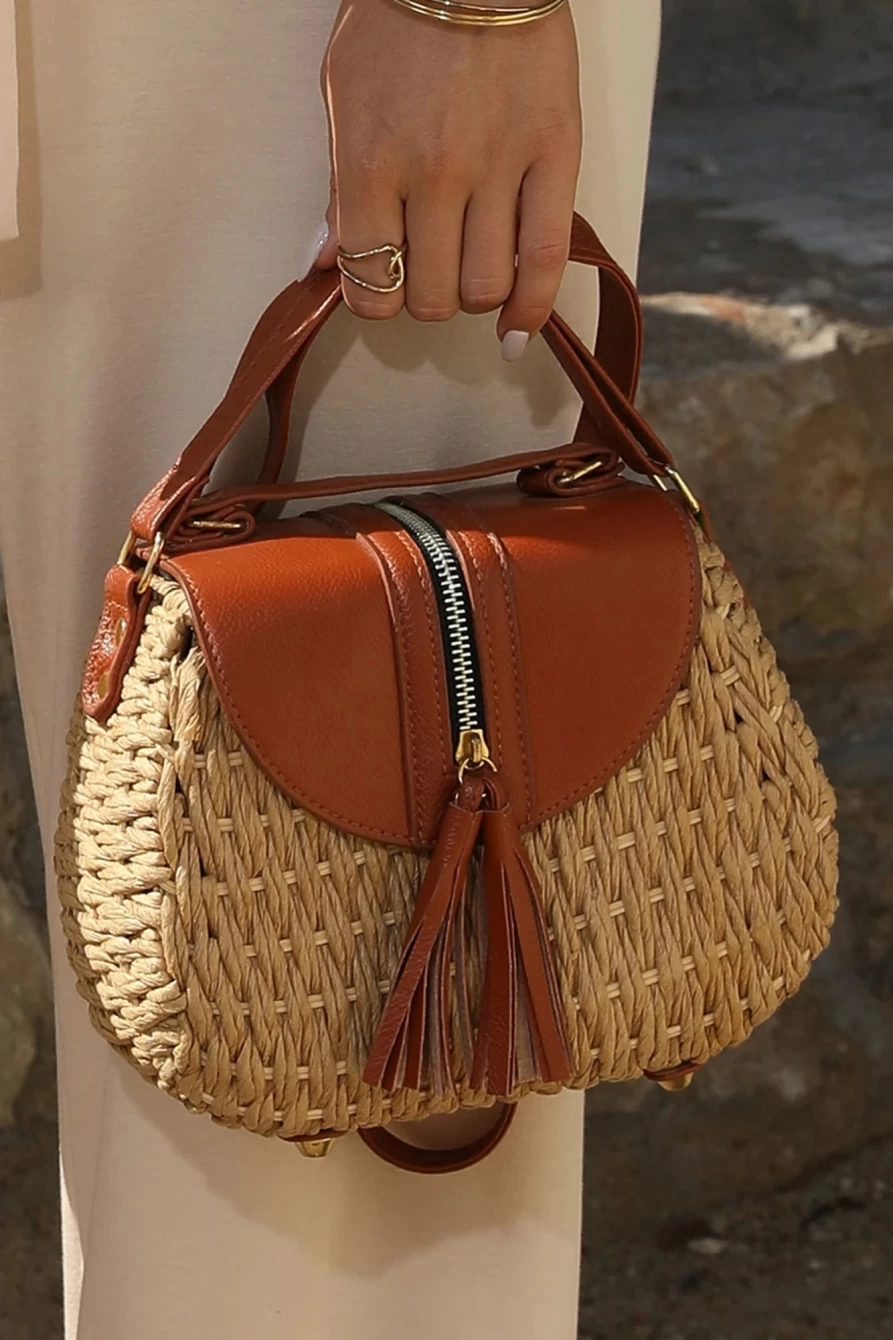 "Shewin Women's Light French Beige Bamboo Weaving Leather Flap Crossbody Bag with Tassel Detail"
