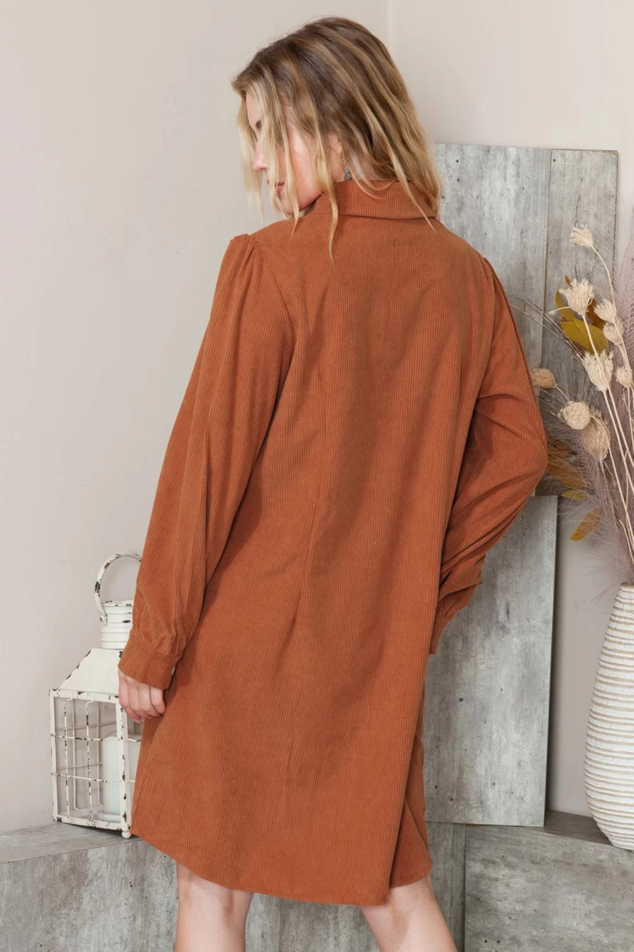 Women's Khaki Corduroy Shirt Dress with Flap Pockets by Shewin