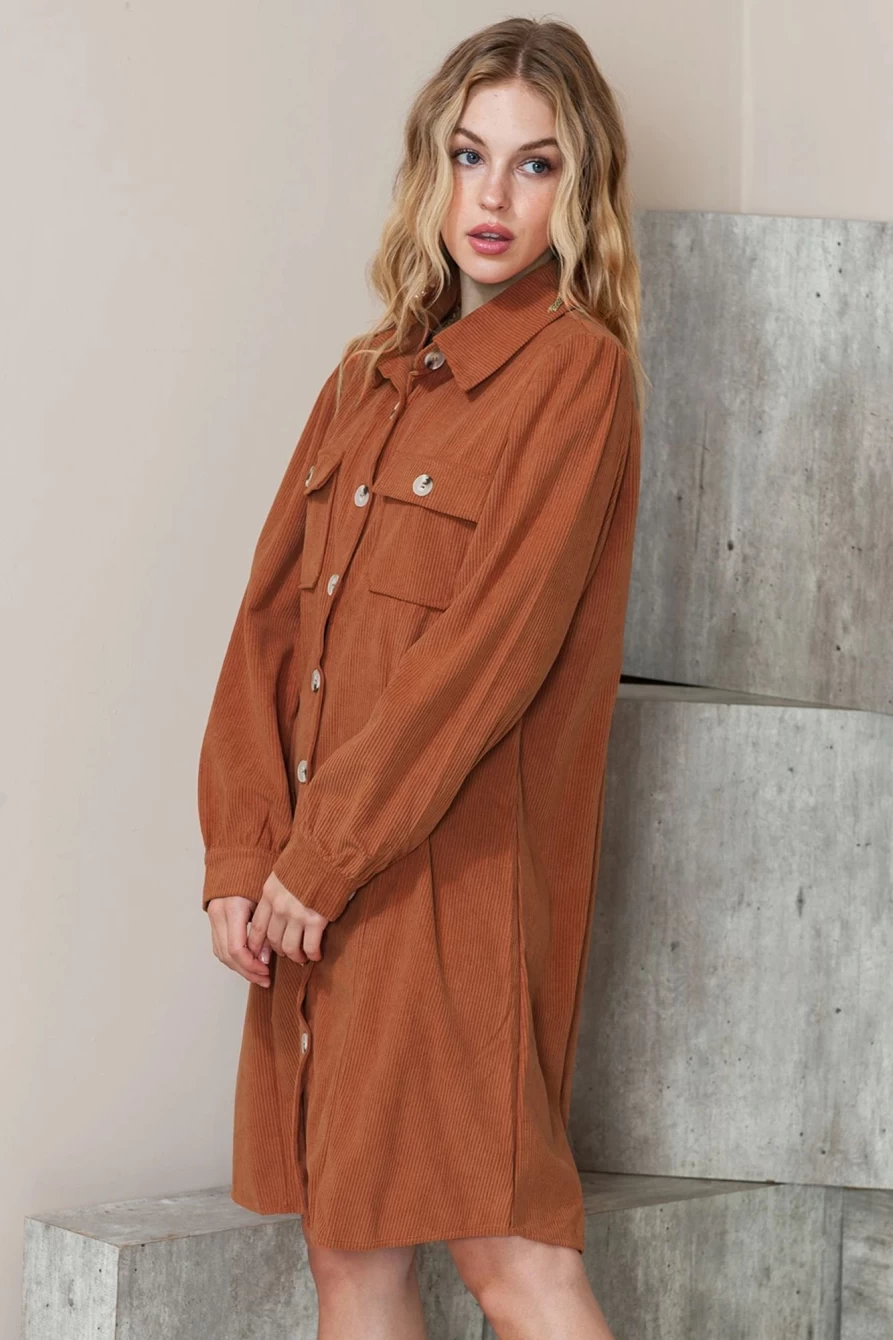 Women's Khaki Corduroy Shirt Dress with Flap Pockets by Shewin