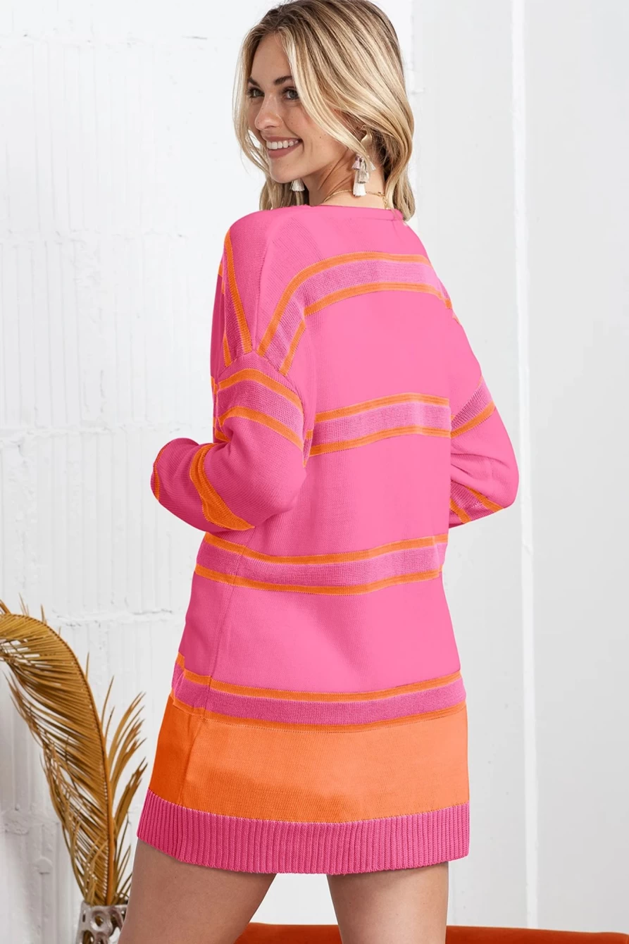 Women's Multicolor Striped Ribbed Long Cardigan by Shewin