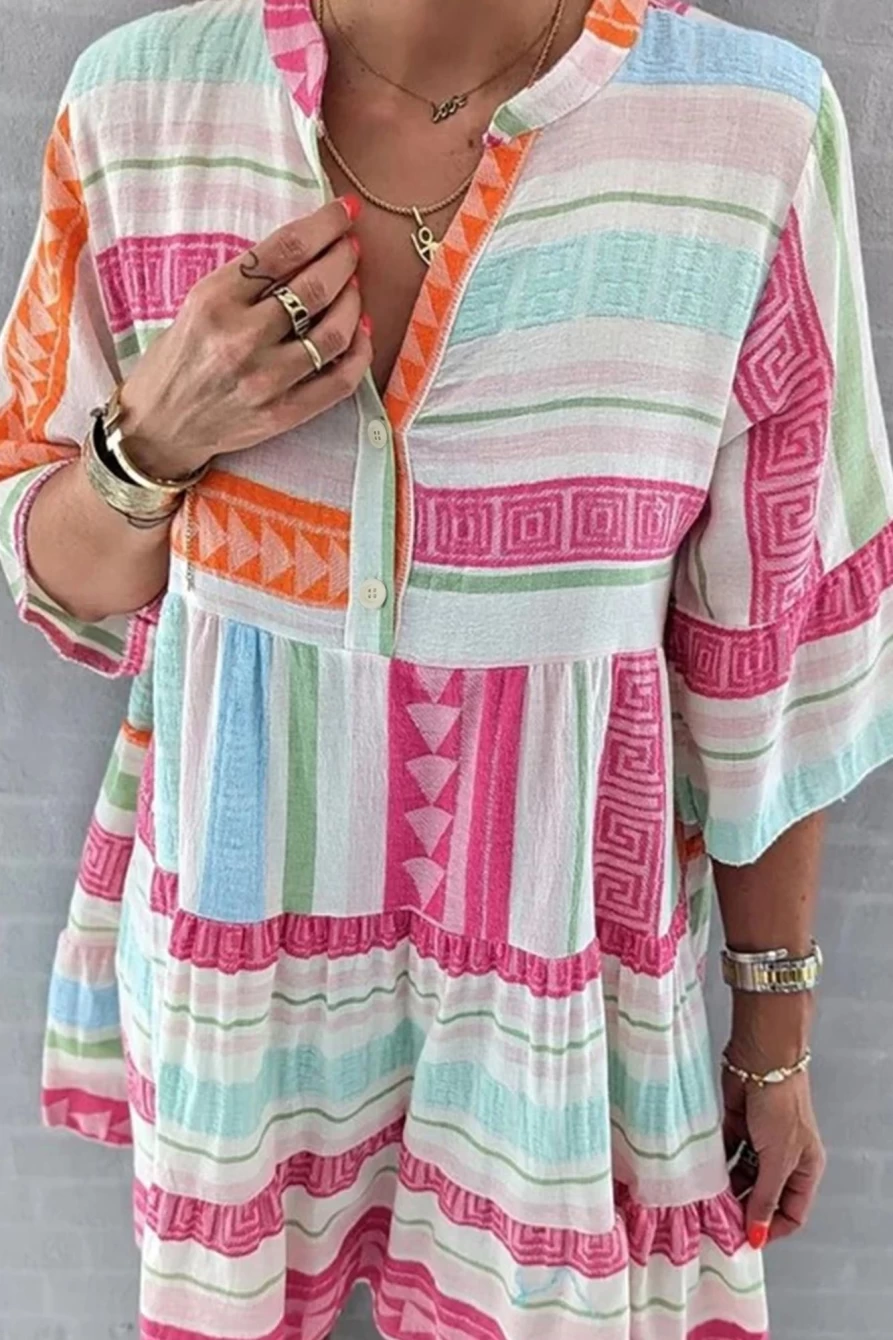 Shewin Women's Multicolour Geometric Print Ruffle Tiered Mini Dress