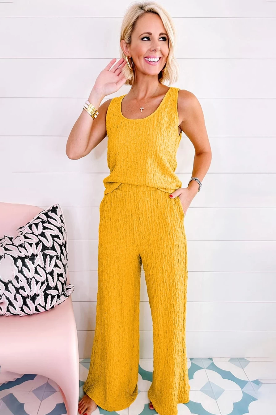 "SheWin Women's Yellow Crinkled U-Neck Tank Top & Wide Leg Pants Lounge Set"