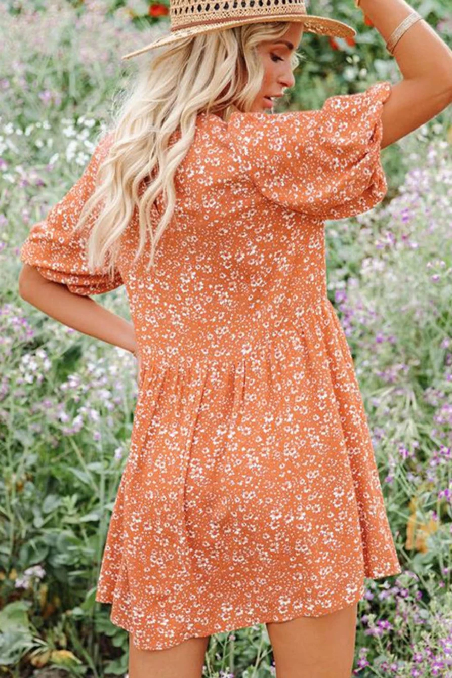 Shewin Women's Orange Floral Boho Short Dress with Bishop Sleeves