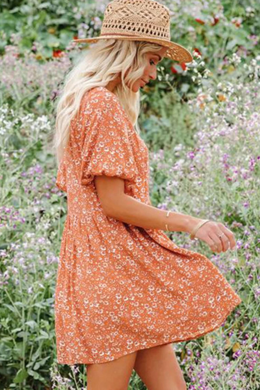 Shewin Women's Orange Floral Boho Short Dress with Bishop Sleeves