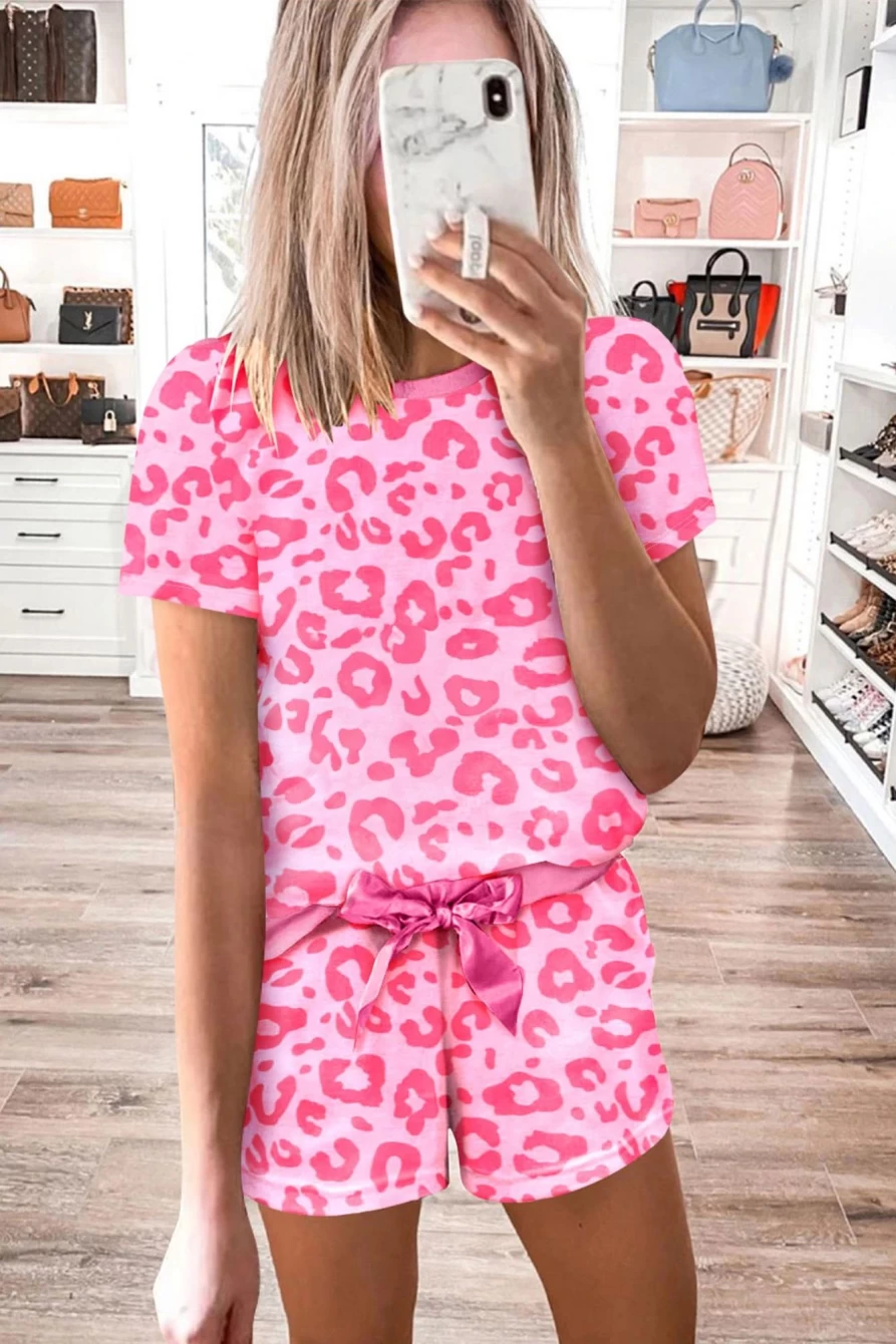 Women's Pink Leopard Print Loungewear Set - Shewin Drawstring Shorts & Top