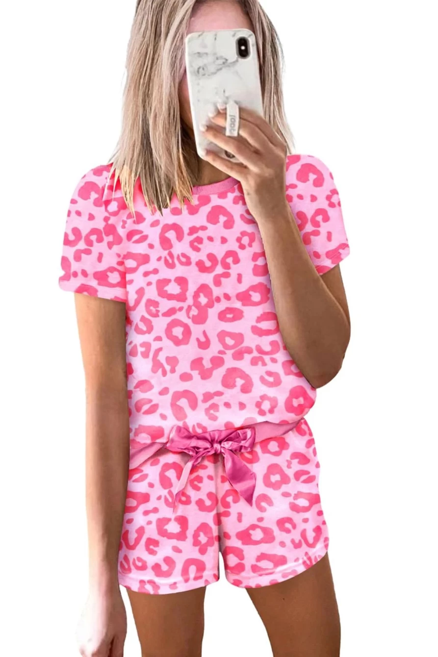 Women's Pink Leopard Print Loungewear Set - Shewin Drawstring Shorts & Top