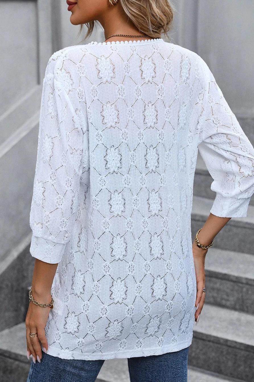 Shewin Women's Bright White Floral Lace Open Front Cardigan