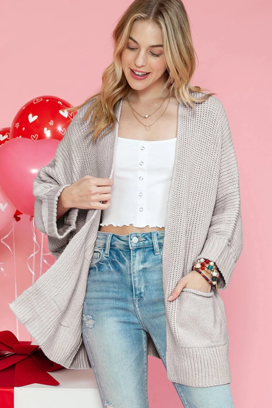 Shewin Women's Gray Batwing Sleeve Oversized Cable Knit Cardigan with Pockets