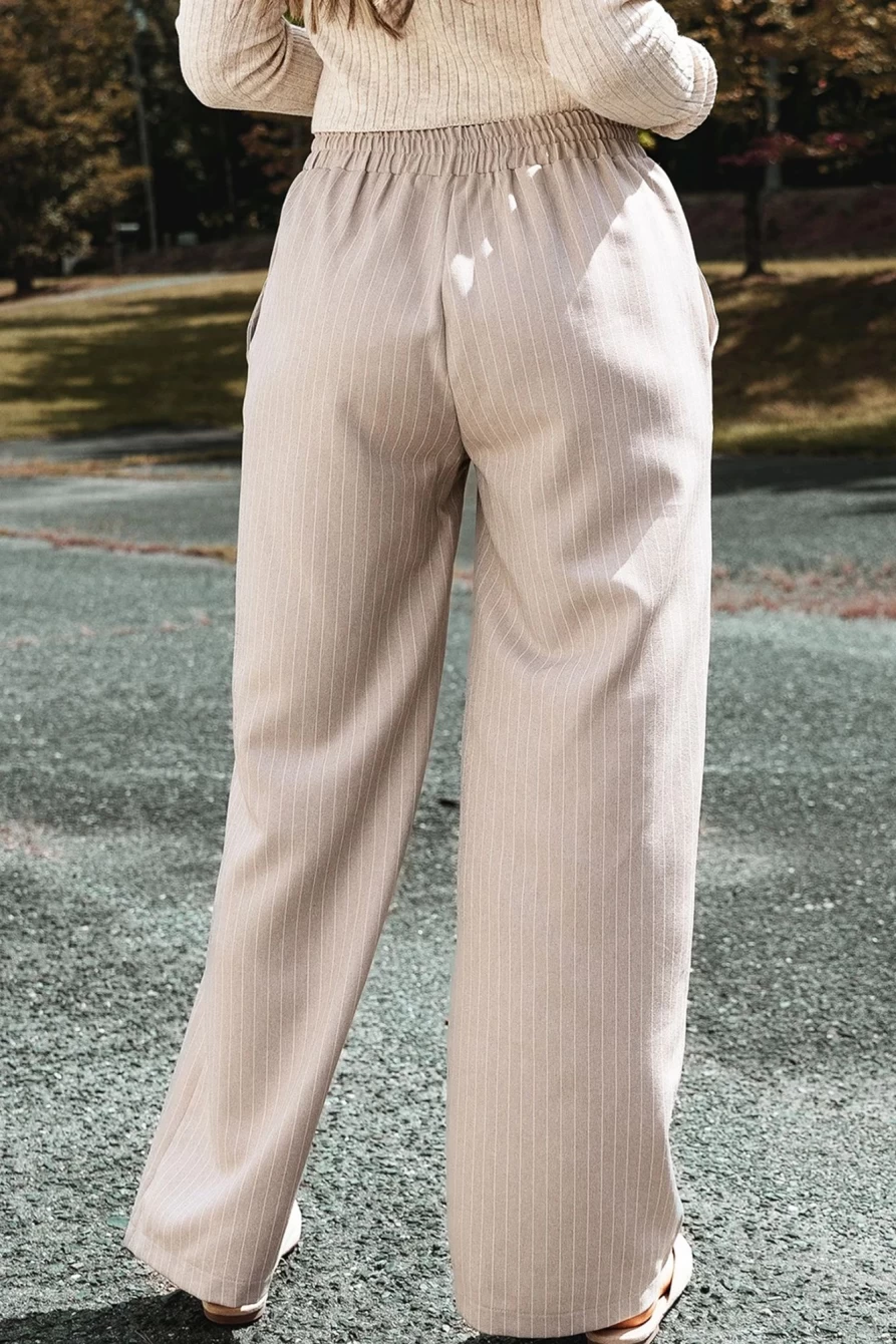 Shewin Women's Khaki Stripe Casual Loose Pants with Elastic Waist & Straight Leg