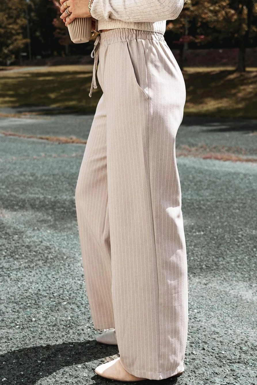 Shewin Women's Khaki Stripe Casual Loose Pants with Elastic Waist & Straight Leg