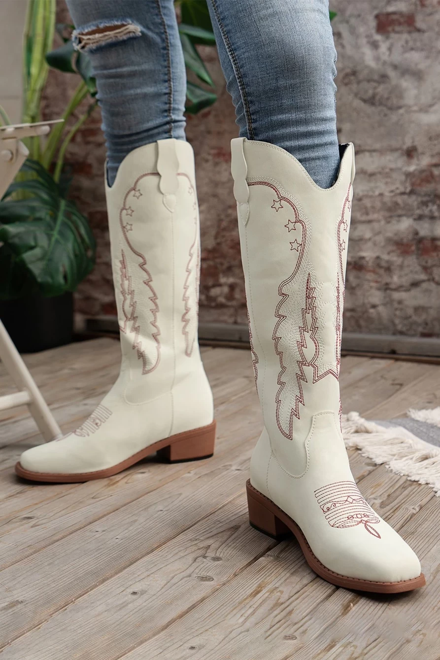 Shewin Women's Bright White Geometric Leather Embroidered Boots