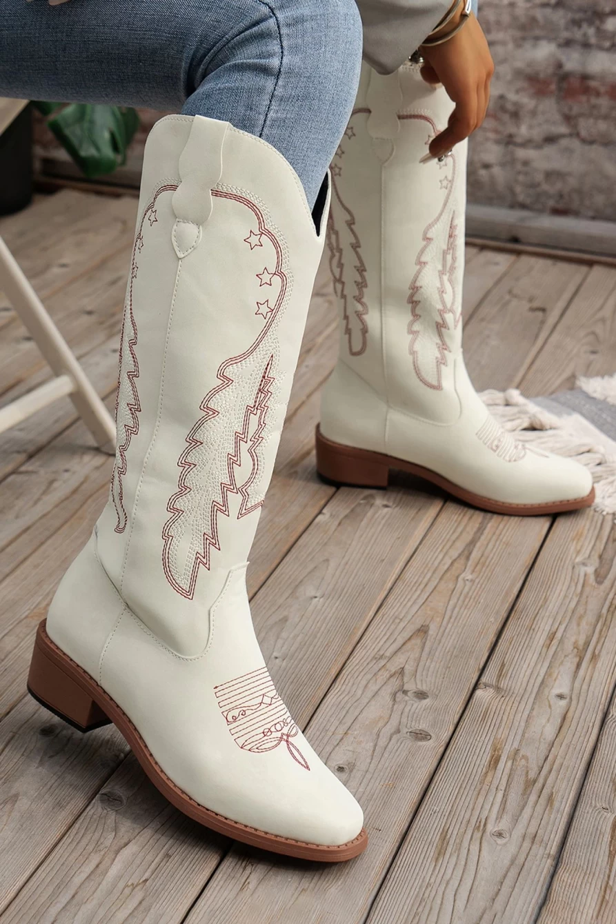Shewin Women's Bright White Geometric Leather Embroidered Boots