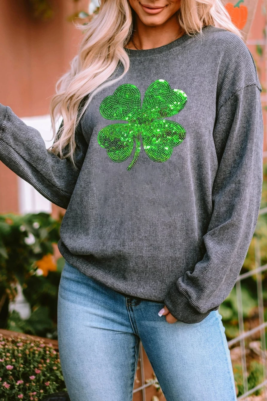 Shewin Women's Gray Sequins St Patrick's Day Clover Graphic Hooded Sweatshirt