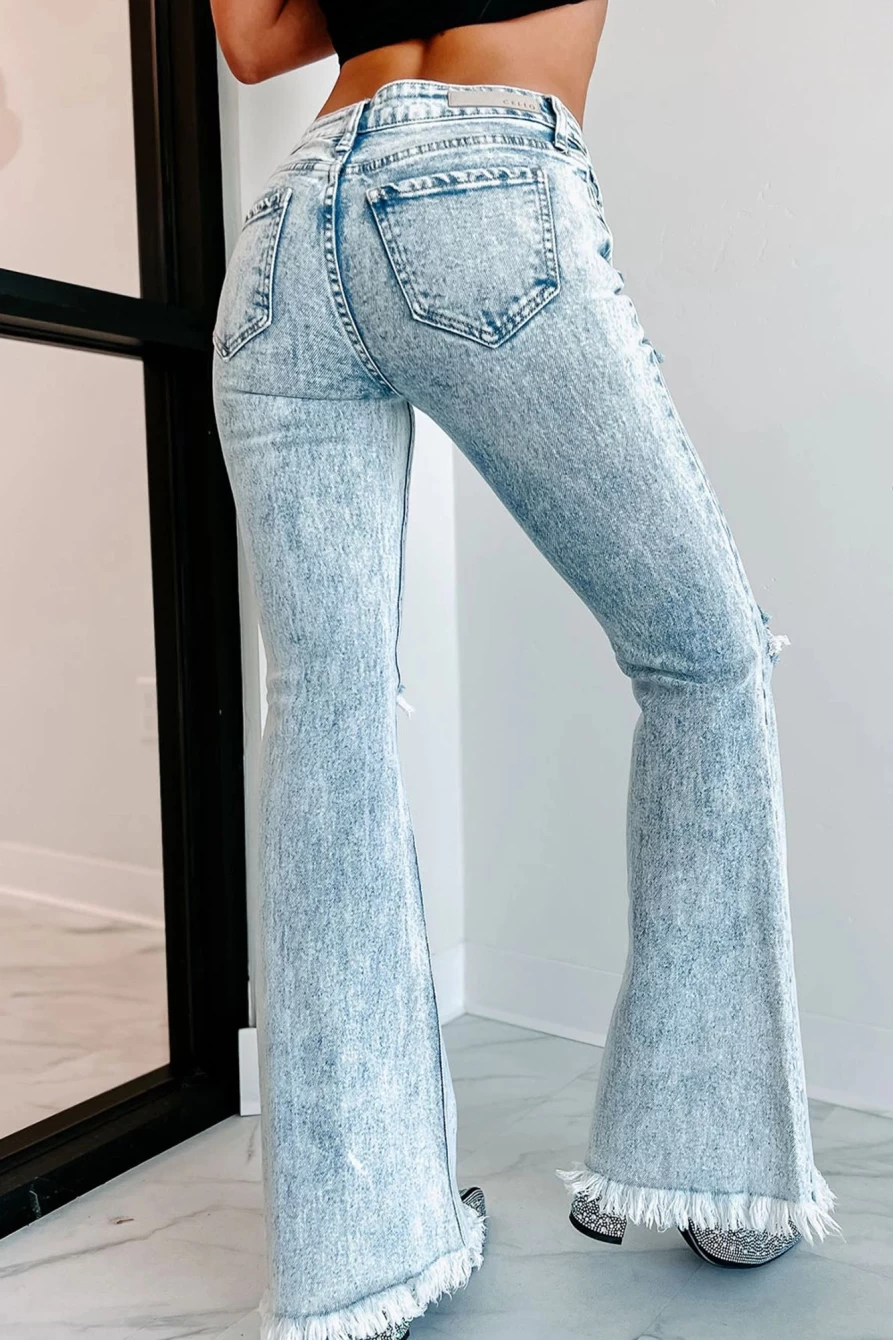 Shewin Women's Sky Blue Distressed Washed Flare Jeans - Casual Light Blue High Waisted Vintage Denim Pants