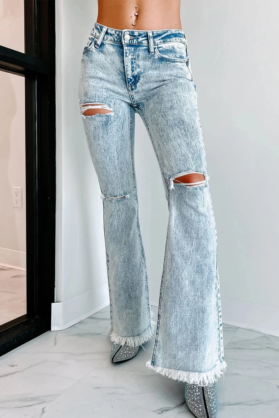 Shewin Women's Sky Blue Distressed Washed Flare Jeans - Casual Light Blue High Waisted Vintage Denim Pants