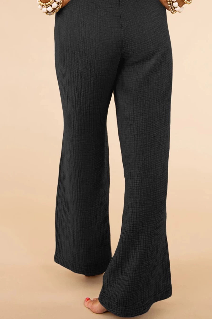 Shewin Women's Black Textured High Waist Wide Leg Pants - Plus Size Comfort Fit