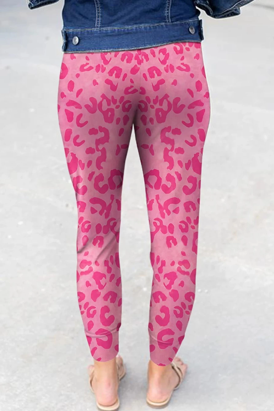 Shewin Women's Pink Leopard Print High Waist Skinny Pants - Ankle-Length Stretch Fit Fashion Trousers