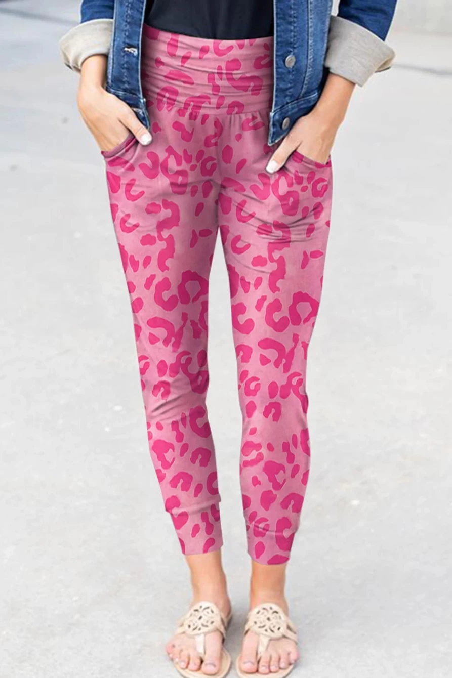 Shewin Women's Pink Leopard Print High Waist Skinny Pants - Ankle-Length Stretch Fit Fashion Trousers