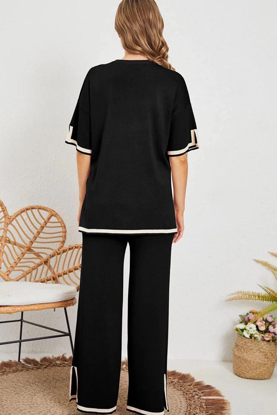 "Women's Black Knitted Short Sleeve Sweater Set by Shewin"