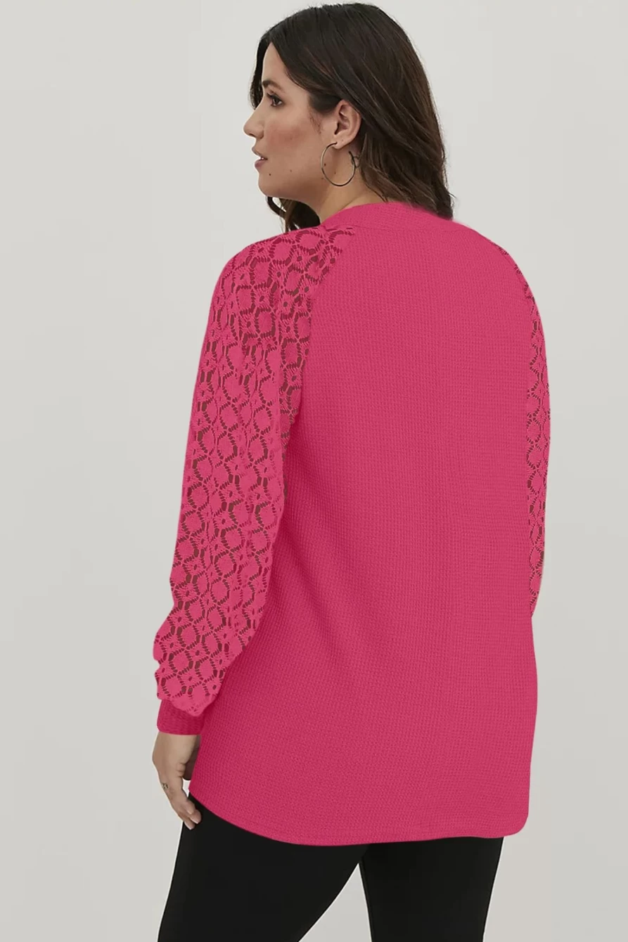 Shewin Women's Plus Size Strawberry Pink Waffle Knit Top with Contrast Lace Sleeves