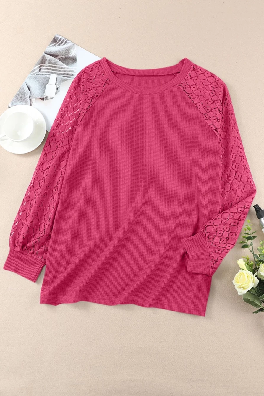 Shewin Women's Plus Size Strawberry Pink Waffle Knit Top with Contrast Lace Sleeves