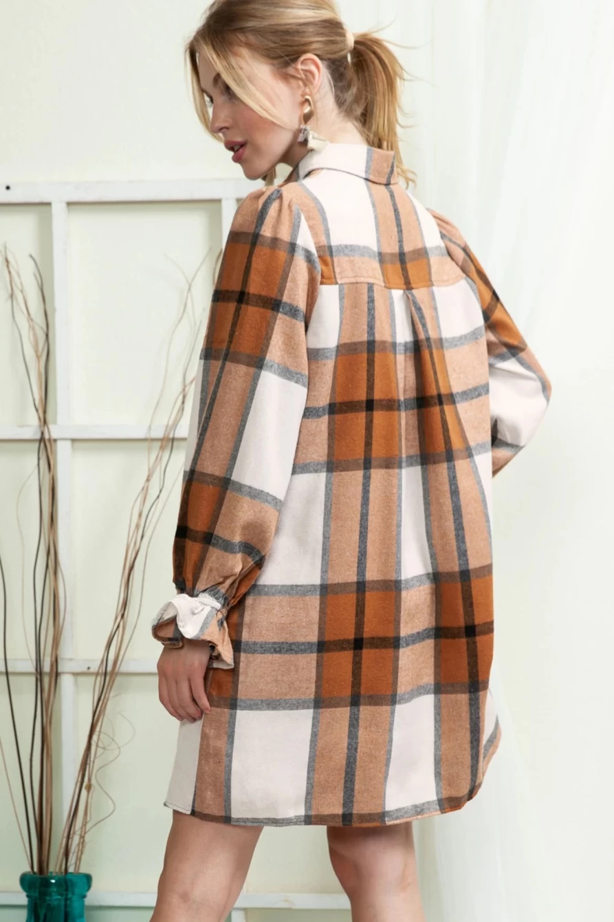 Shewin Women's Khaki Plaid Shirt Dress with Collared Neck and Ruffled Sleeves