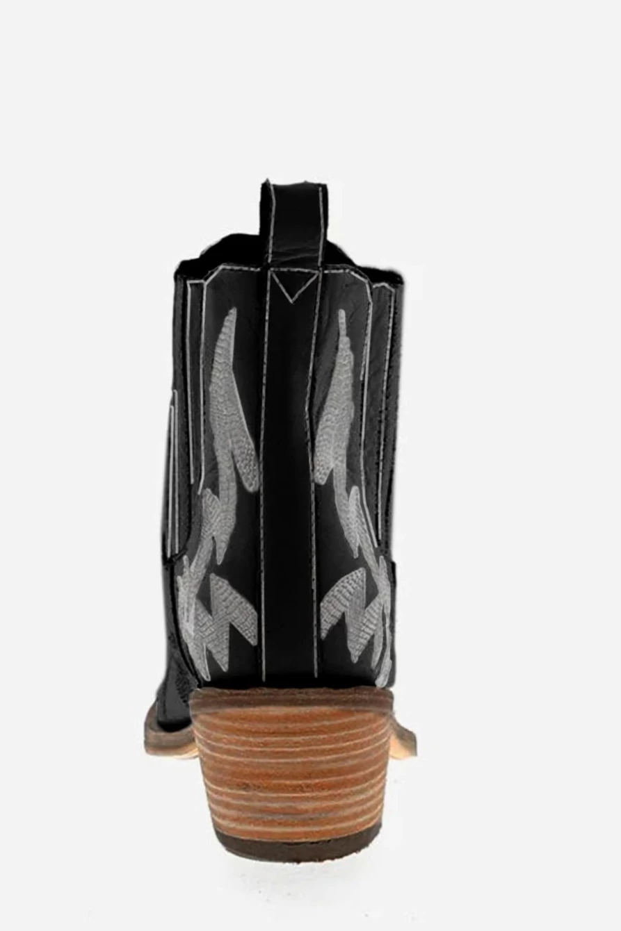 Shewin Women's Black Embroidered Leather Booties with Thick Heel