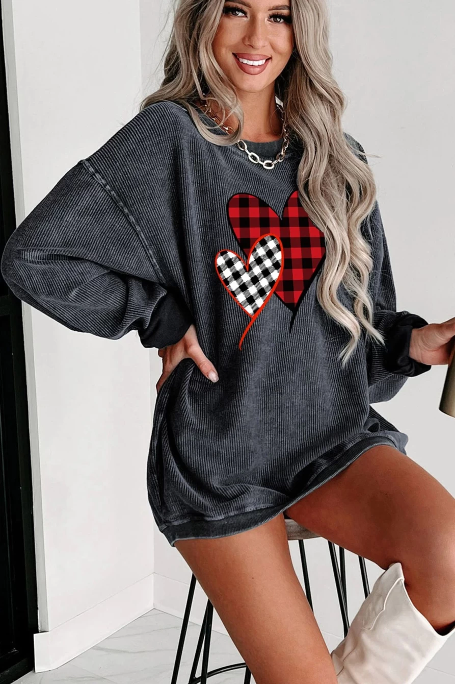Women's Gray Plaid Heart Print Graphic Corded Sweatshirt by Shewin