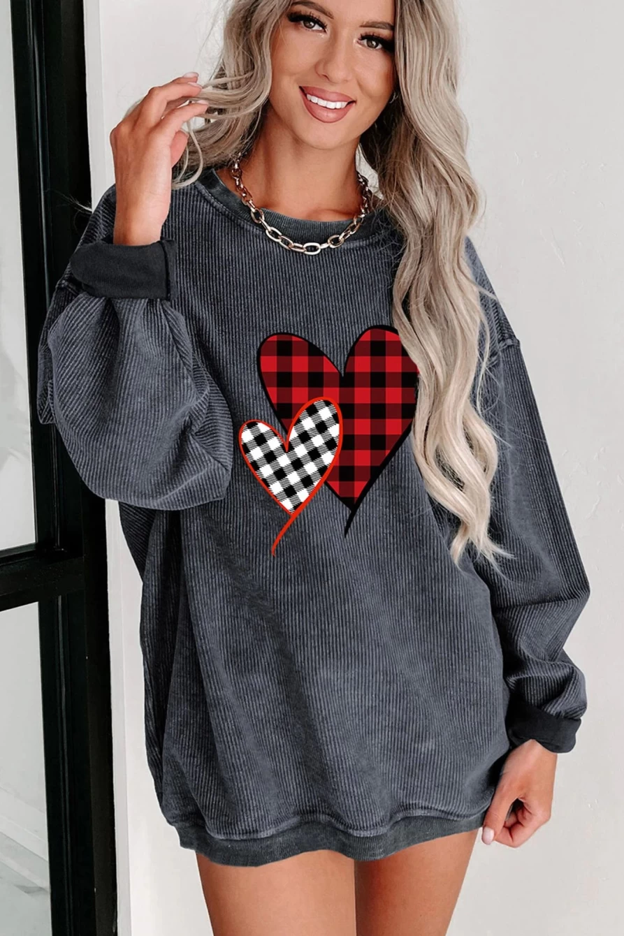 Women's Gray Plaid Heart Print Graphic Corded Sweatshirt by Shewin