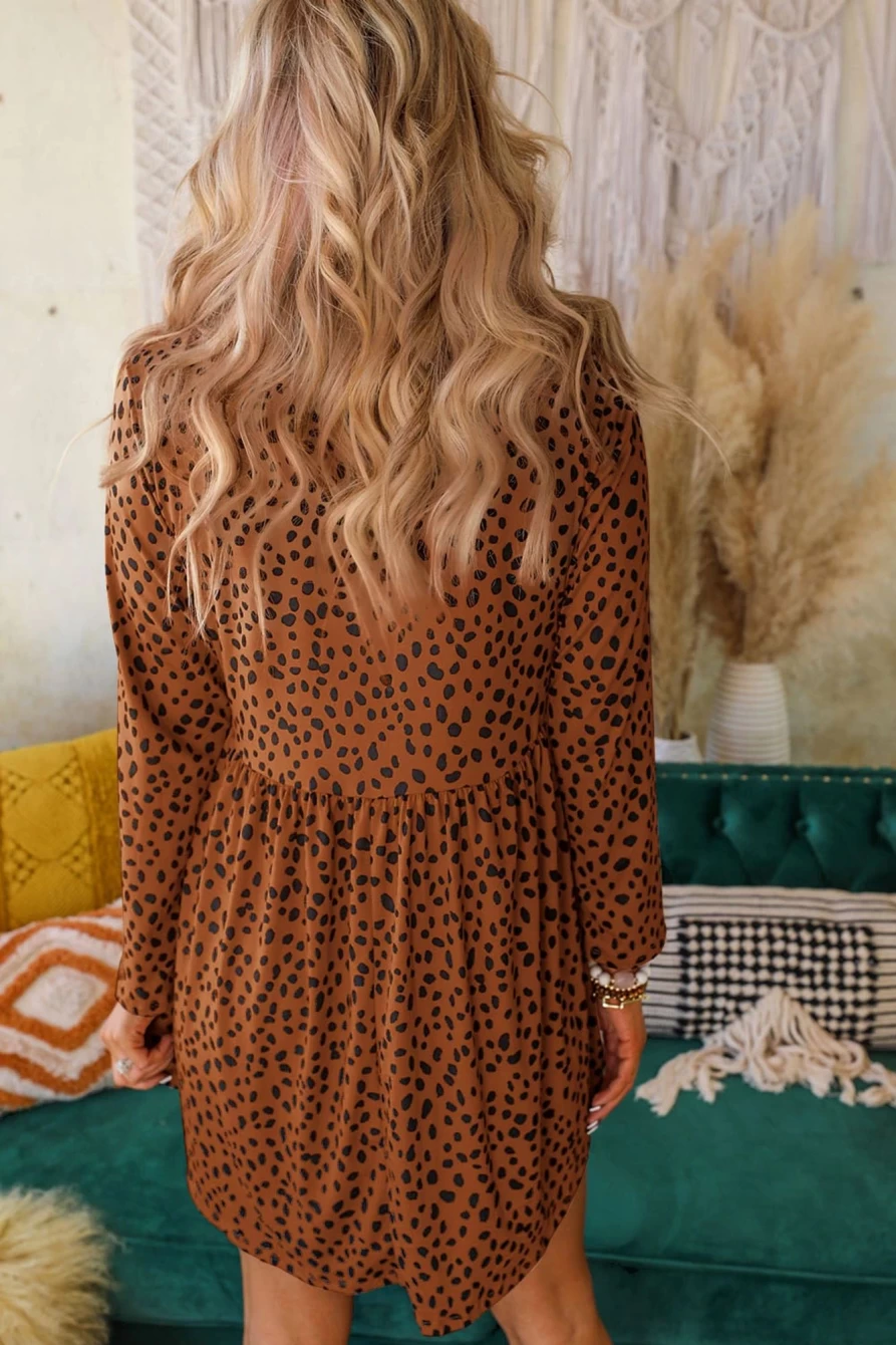 Shewin Women's Brown Leopard Print Casual Dress Long Sleeve Crew Neck
