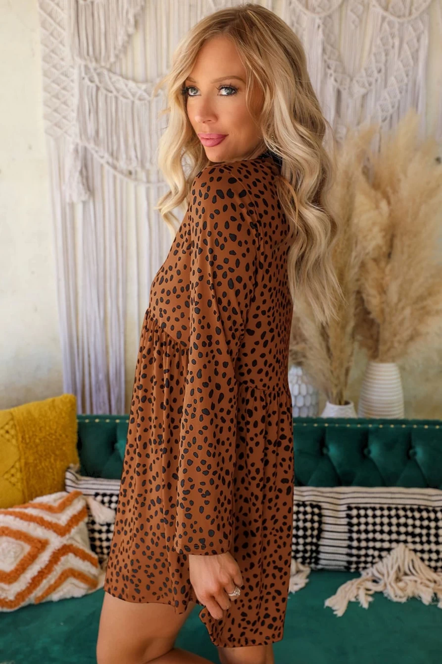 Shewin Women's Brown Leopard Print Casual Dress Long Sleeve Crew Neck