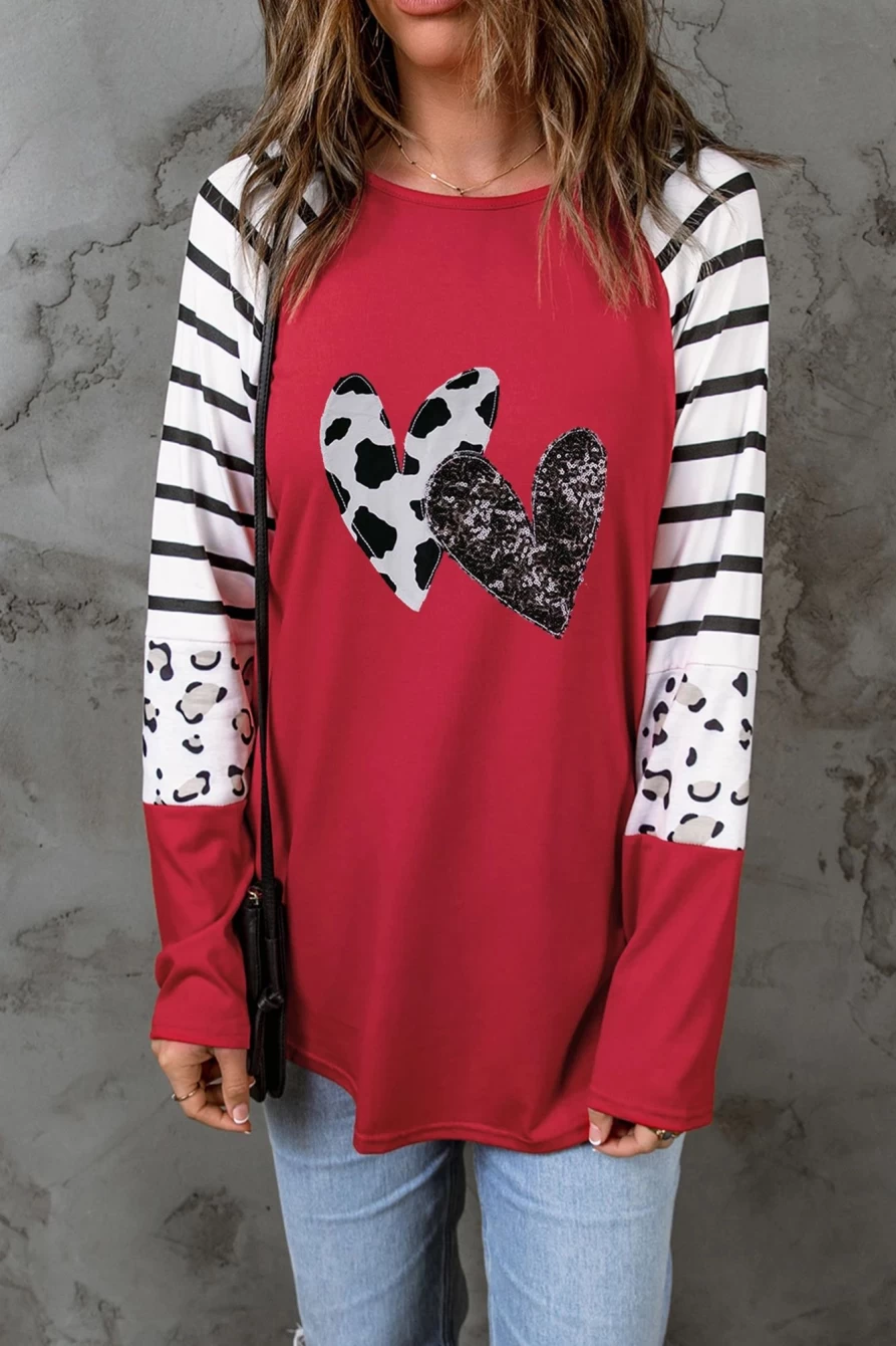 Shewin Women's Red Long Sleeve Top with Double Heart Patch Contrast Graphic