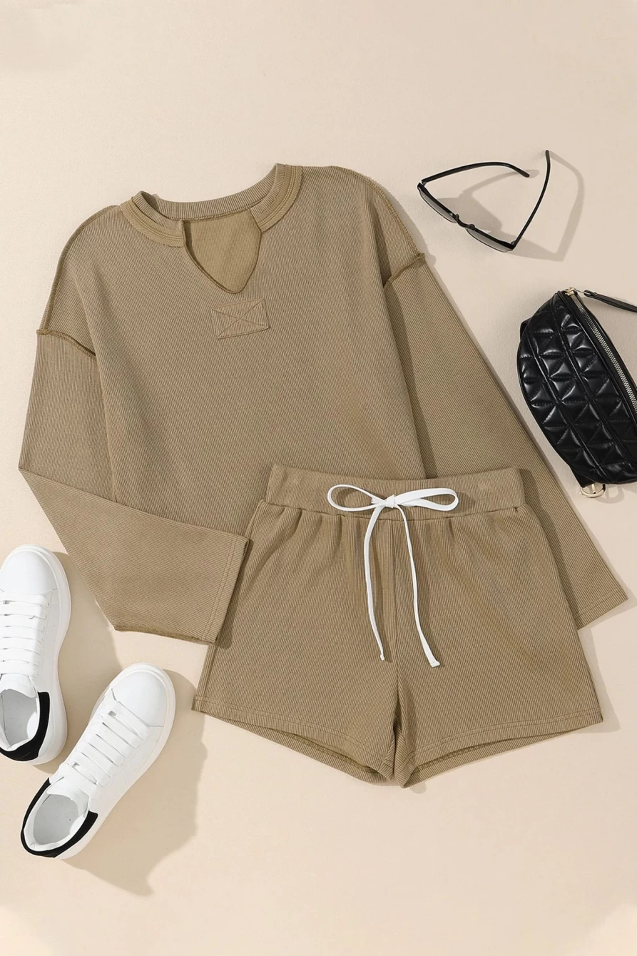 Shewin Women's Apricot Khaki Textured Long Sleeve Top & Shorts Set with Exposed Seam Details