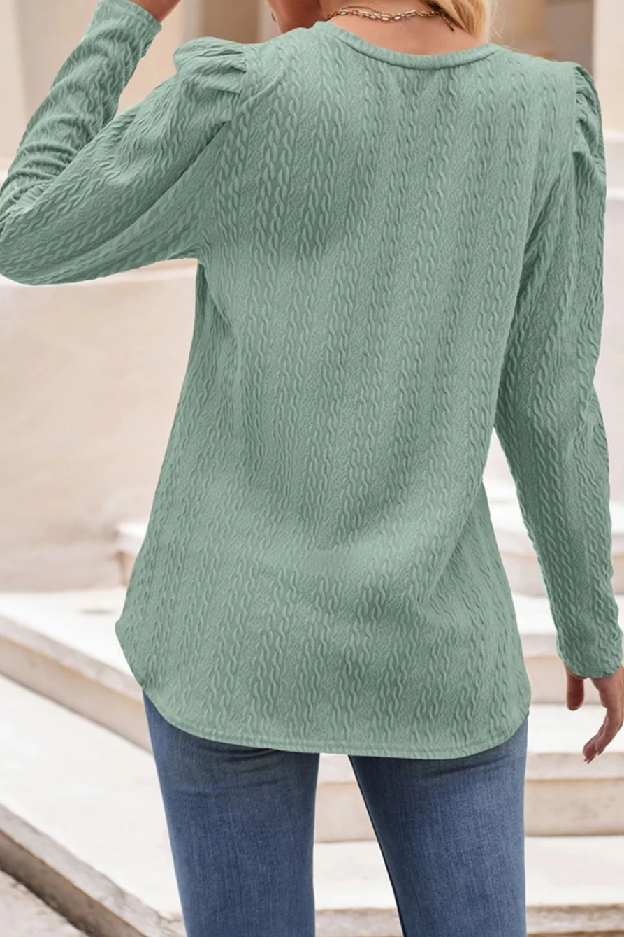 Shewin Women's Grass Green Casual Textured Ruched Puff Sleeve Blouse Top