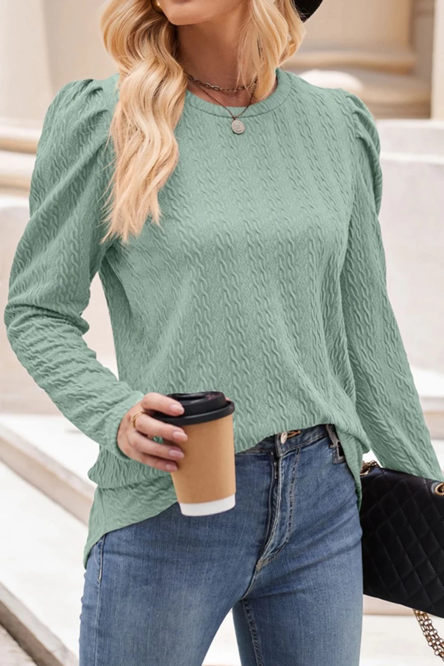 Shewin Women's Grass Green Casual Textured Ruched Puff Sleeve Blouse Top