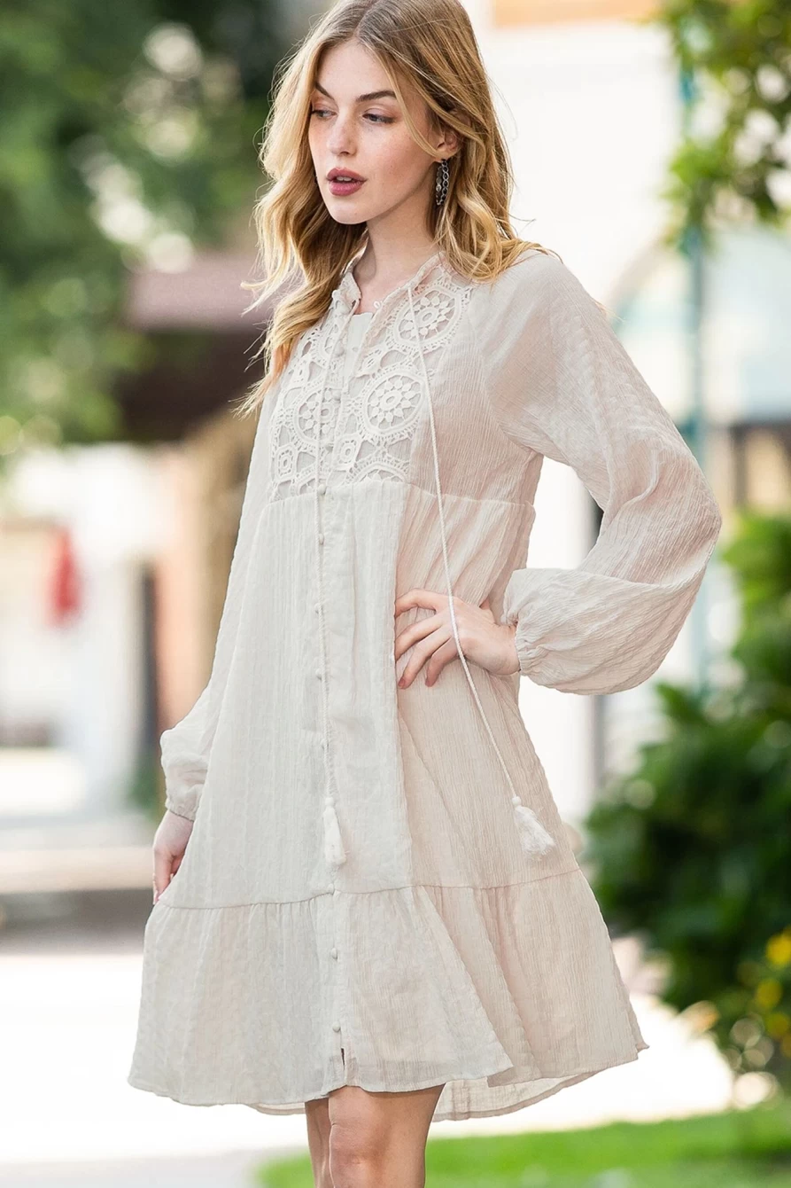 Shewin Women's Khaki Crinkled Lace Short Dress with Splicing and Tassel Tie Detail