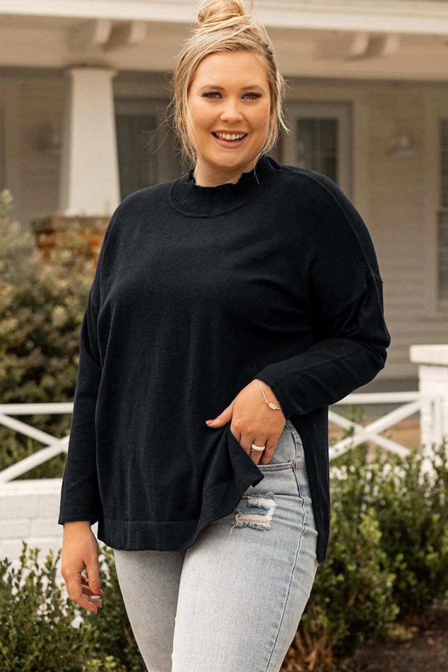 Shewin Women's Plus Size Black High Neck Loose Sweater with Side Slits