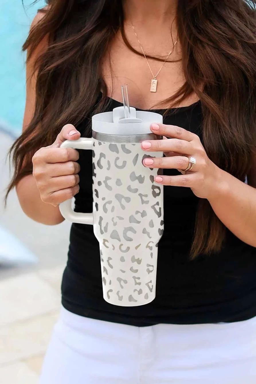 Shewin 40Oz White Leopard Stainless Steel Tumbler Mug for Women - Portable Travel Cup with Handle