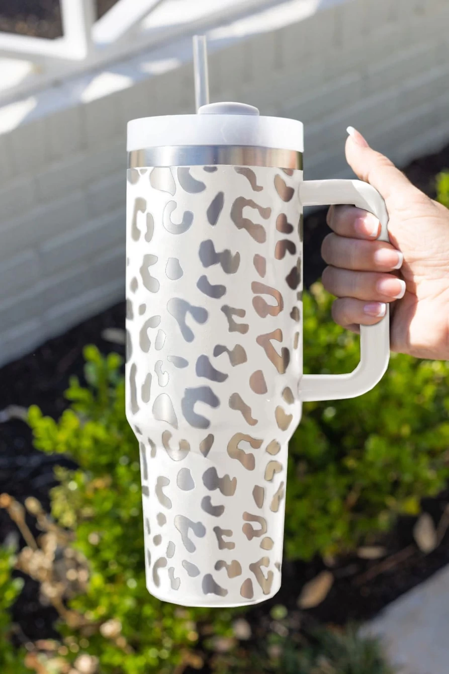Shewin 40Oz White Leopard Stainless Steel Tumbler Mug for Women - Portable Travel Cup with Handle