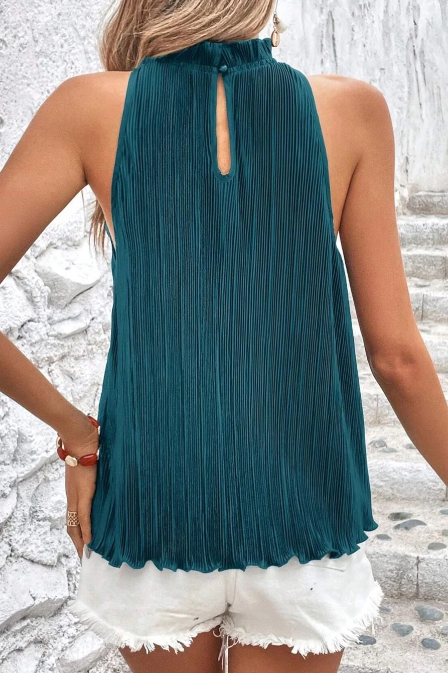 Shewin Women's Blue Sapphire Elegant Frilled Neck Pleated Sleeveless Top