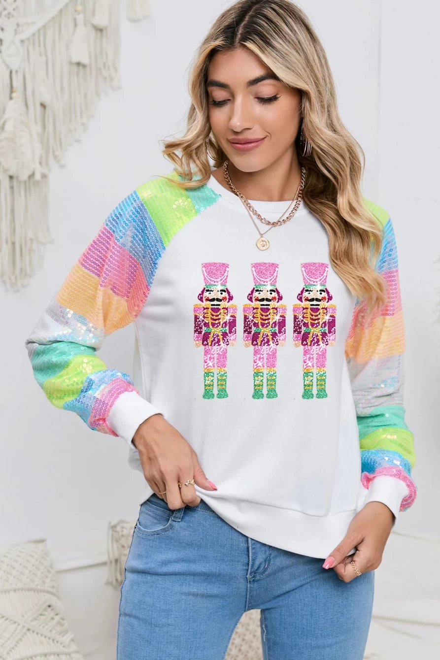 Shewin Women's White Sequin Colorblock Sleeve Nutcracker Graphic Sweatshirt - Festive Holiday Sweater